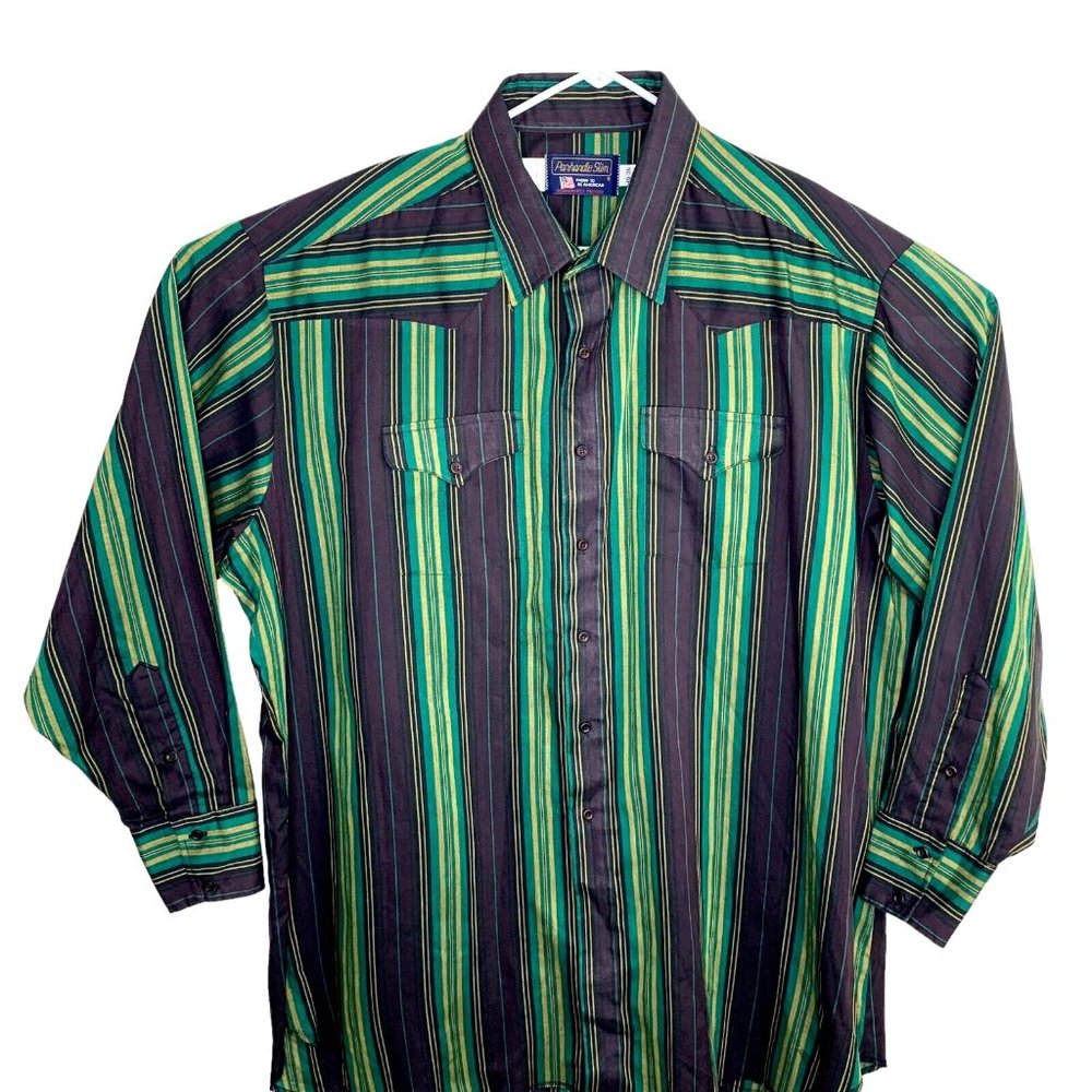 Vintage Panhandle Slim Mens Made in USA Western Shirt Green Blue Stripe 19/36